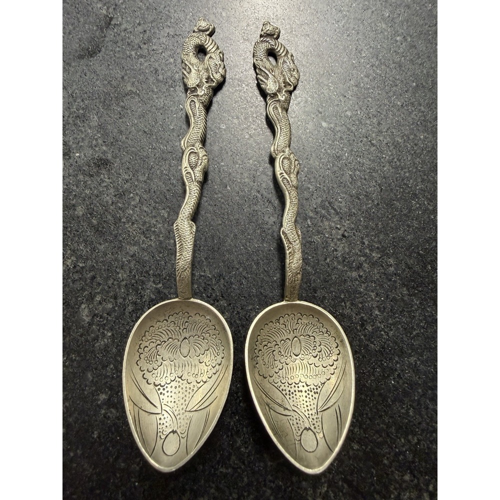 Antique Nagasaki 900 Silver Dragon Handle Demitasse Spoons Pair Japan
